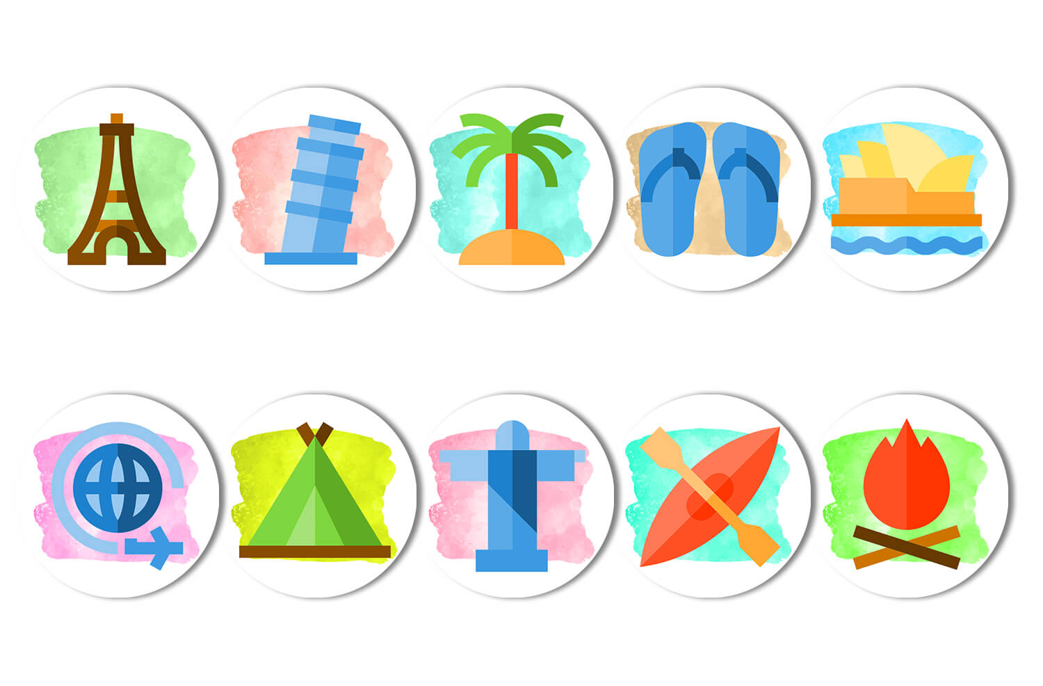 Разноцветные иконки для актуальных сторис в Инстаграм на тему путешествий.