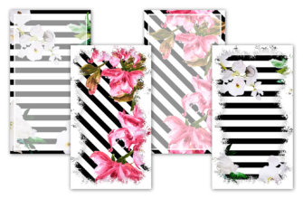 Красивые вертикальные картинки для сторис в инстаграме в чёрную полоску с розовыми и белыми цветами.