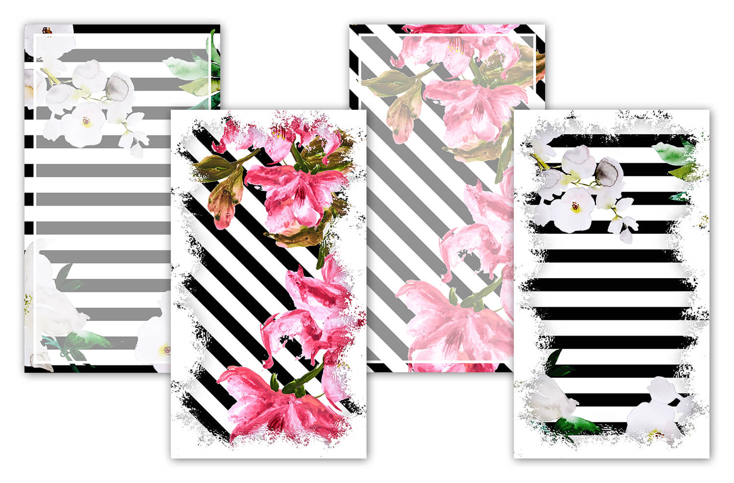 Красивые вертикальные картинки для сторис в инстаграме в чёрную полоску с розовыми и белыми цветами.