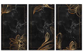 Черный фон для сторис Инстаграм с золотыми цветами на мраморе с белыми прожилками.