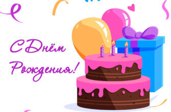 Картинка с кремовым тортом, воздушными шарами и надписью с днем рождения!