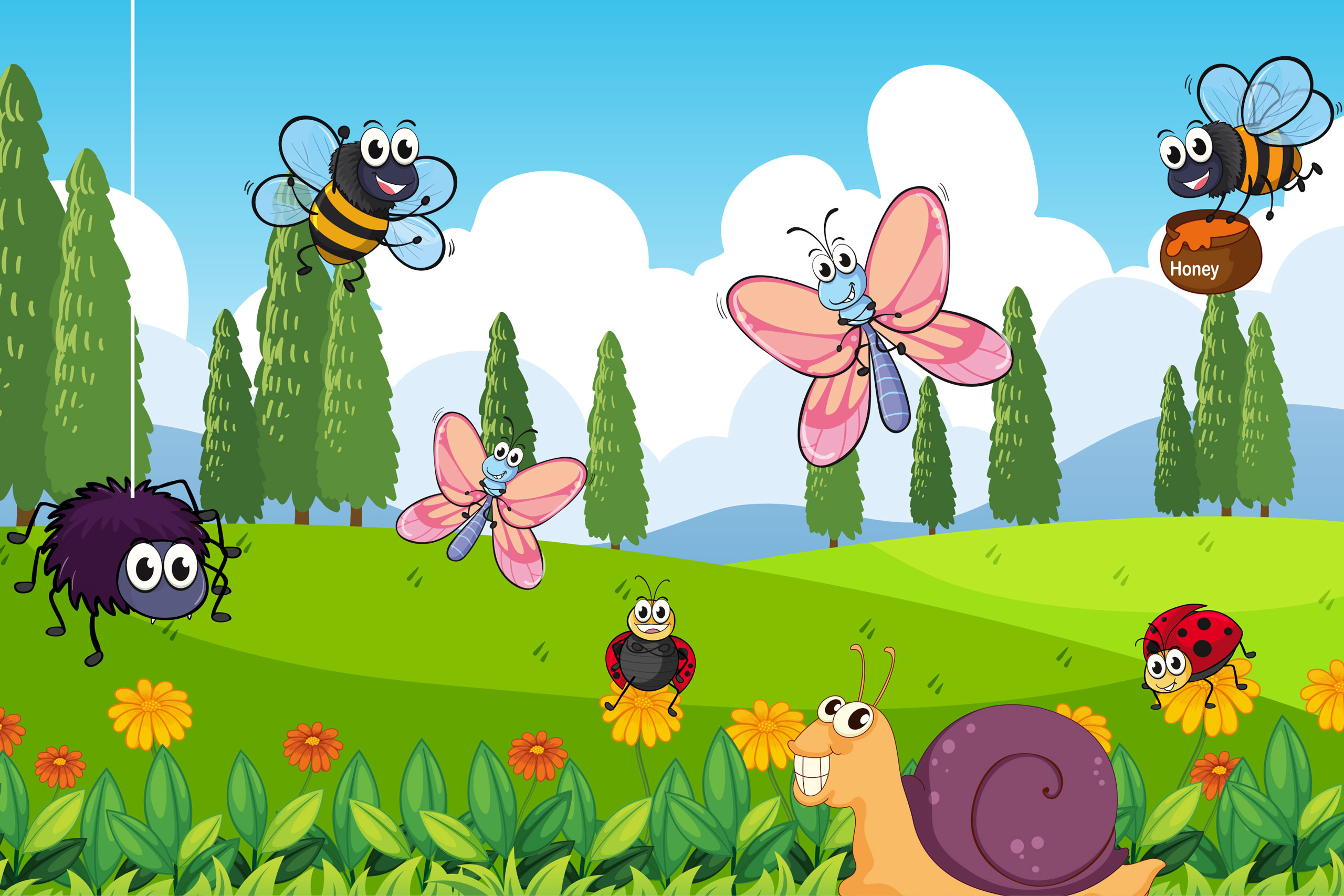Детский фон для Фотошопа с мультяшными бабочками, пчёлами и улитками на зелёном летнем лугу.