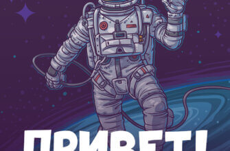 Открытка космонавт в открытом космическом пространстве машет рукой над словом Привет!