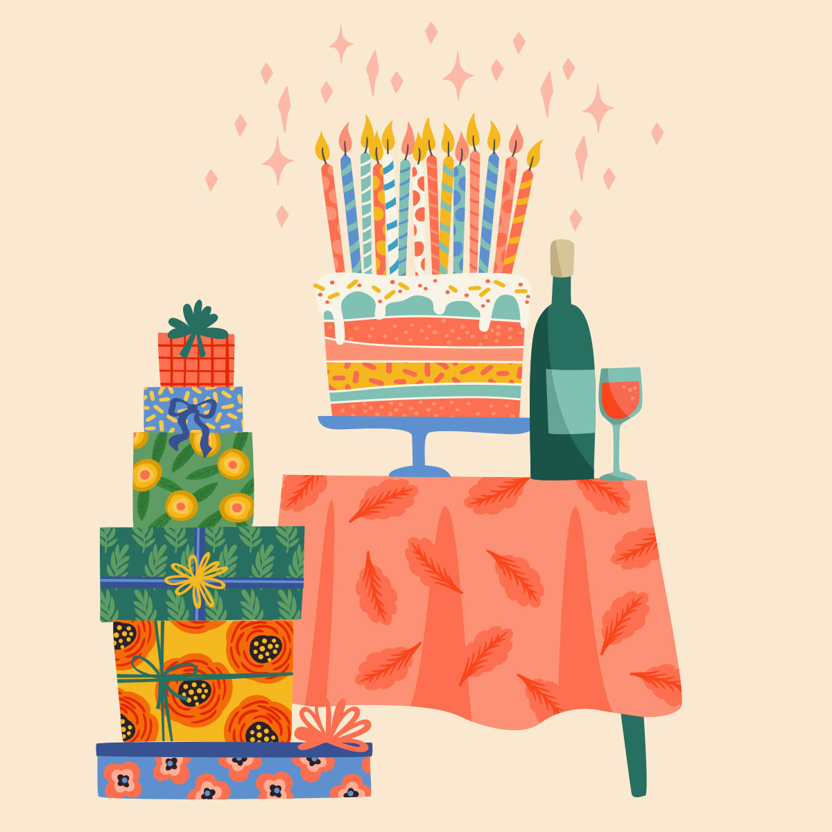 Открытка без текста с тортом, подарками и бутылкой вина на столе для поздравления с днем рождения.