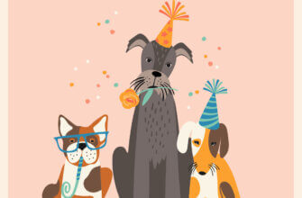 Персиковая открытка с днем рождения с тремя собаками в праздничных шляпах.