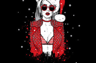 Черная новогодняя открытка снегурочка - хипстер в красной куртке, шапке Санта Клауса и солнечных очках.