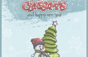 Голубая открытка на новый год на английском языке со снеговиком возле ёлки.