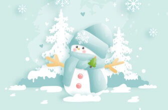 Зелёная открытка с прикольным снеговиком, заснеженными ёлками и надписью с наступающим!