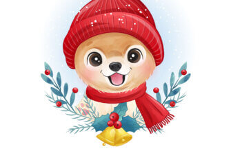 Картинка на новый год для детей со щенком шпица в зимней шапке и шарфе красного цвета.