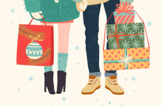 Картинка с обрезанным верхом двух человек в зимней одежде с коробками подарков.