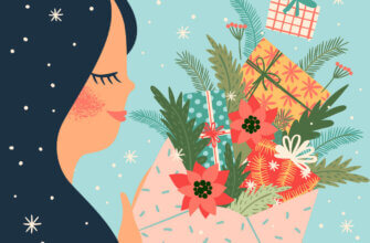 Голубая картинка на новый год цветы и подарки, выпадающие из почтового конверта в руках девушки-брюнетки.