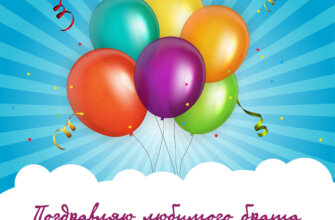 Голубая открытка с днем рождения брату с воздушными шарами.