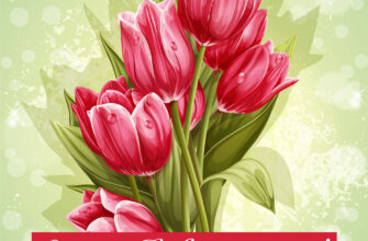Поздравительная открытка с днем рождения, мама с красными тюльпанами.