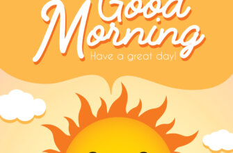 Картинка доброе утро на английском языке на жёлтом фоне с улыбающимся солнцем.