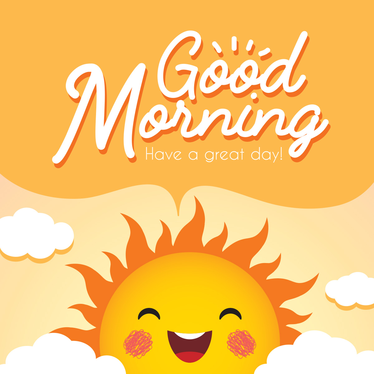Картинка доброе утро на английском языке на жёлтом фоне с улыбающимся солнцем.