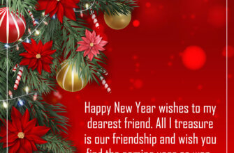 Красная картинка с текстом поздравления с новым годом на английском языке с цветами и елочными шарами.