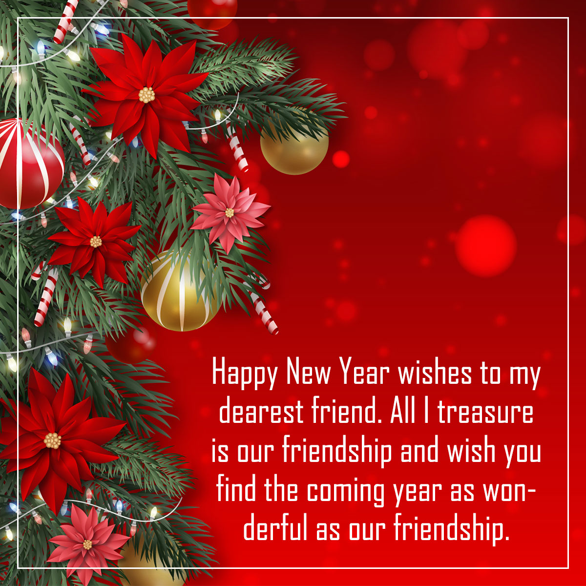 Красная картинка с текстом поздравления с новым годом на английском языке с цветами и елочными шарами.