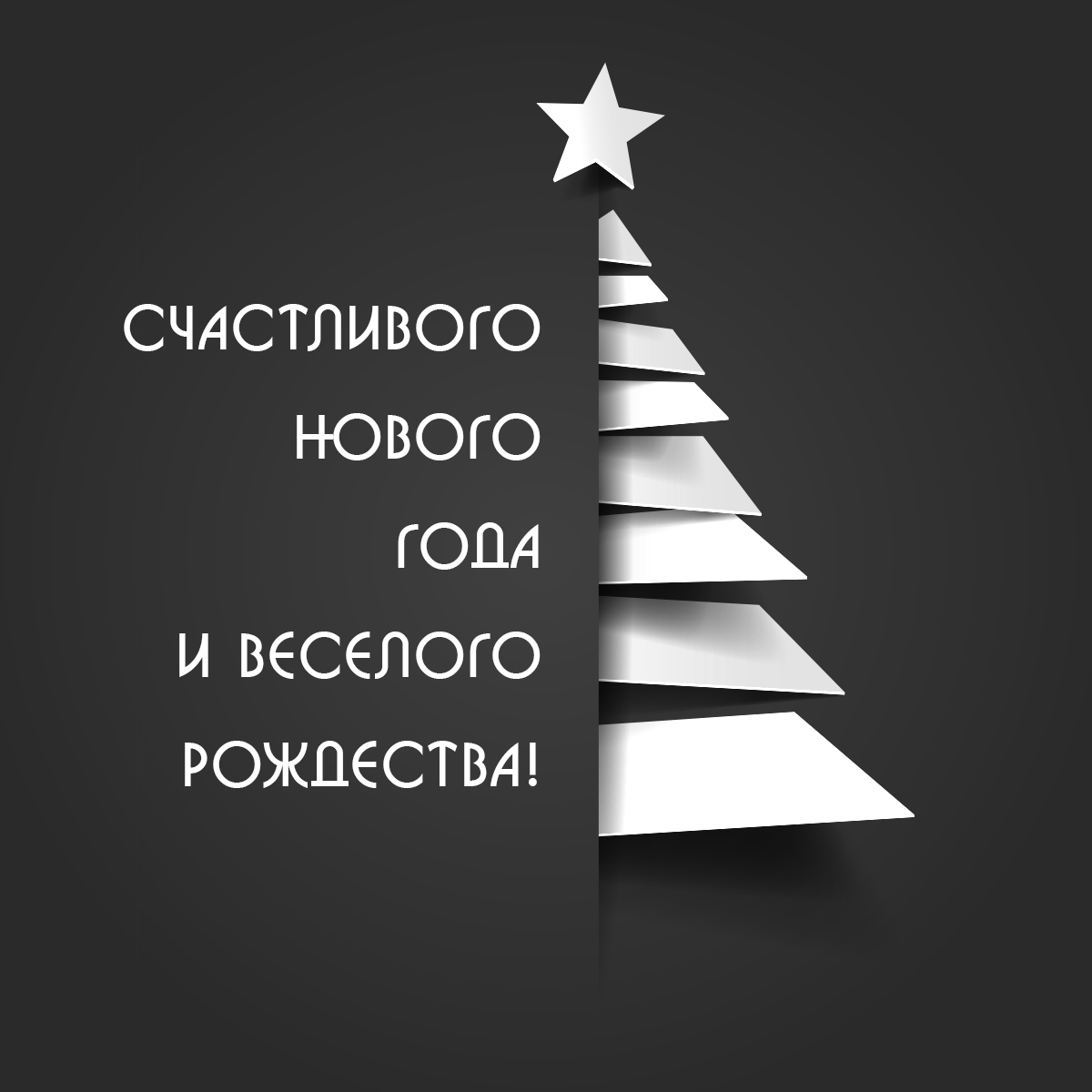 Черно белая картинка на Новый Год ёлка со звездой и текстом поздравления.