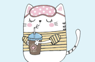 Открытка доброе утро пятницы с рисунком довольного кота в розовой повязке для сна со стаканом кофе.