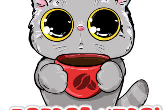 Открытка котенок с удивлёнными глазами с красной чашкой кофе в лапах.