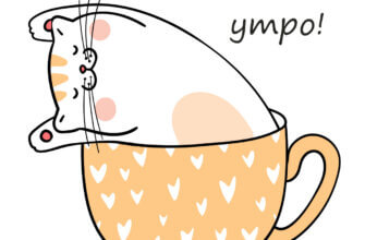 Открытка котик в светло оранжевой кофейной кружке с надписью доброе утро!