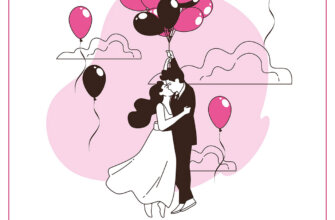 Красивая открытка молодоженам с днем свадьбы жених и невеста с воздушными шарами.