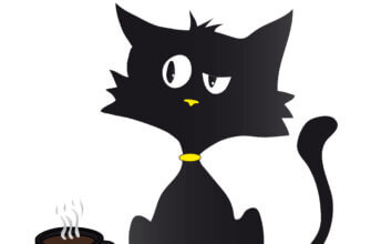 Прикольная картинка недоброе утро с рисунком чёрной кошки возле кофейной чашки.