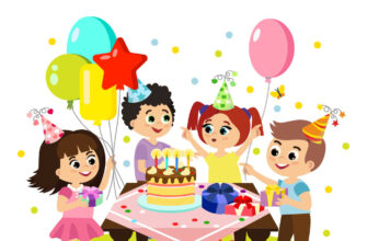 Яркая открытка дети вокруг праздничного стола с тортом поздравляют именинника с днем рождения.