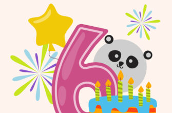 Открытка панда с тортом и цифрой шесть поздравляет ребенка с днем рождения.