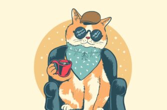 Жёлтая картинка кот в очках и кепке сидит в кресле с кружкой чая и желает доброе утречко!