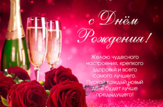 Красная открытка с текстом поздравления женщины с днём рождения чайные розы и шампанское.