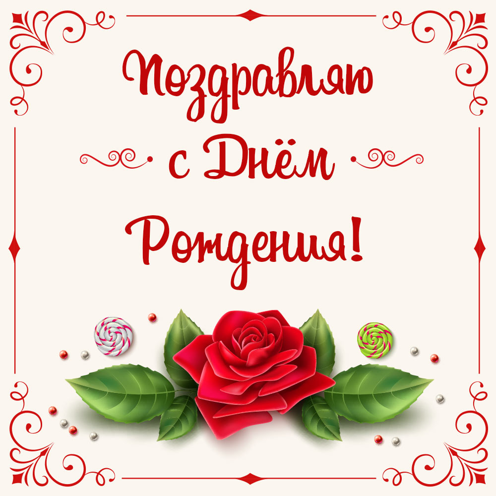Поздравительная открытка женщине красная роза с зелёными листьями в прямоугольной рамке с текстом поздравляю с днём рождения!