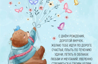 Голубая открытка с текстом поздравления внука с днем рождения и рисунком медведя.