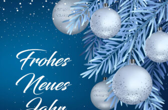 Синяя открытка с поздравлением с новым годом на немецком языке с веткой голубой ели и круглыми рождественскими шарами.