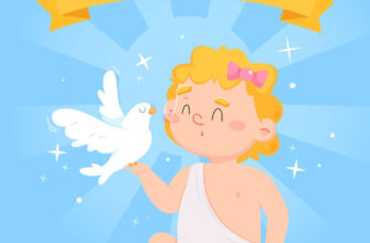 Голубая открытка с днем ангела нарисованный ребёнок с белым голубем.