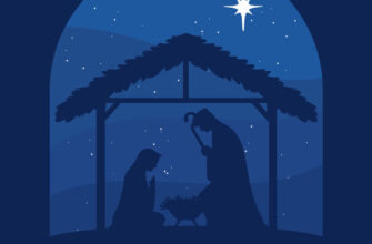Синяя картинка с надписью с Рождеством Христовым на фоне силуэтов мужчины и женщины под ночным небом со звёздами.