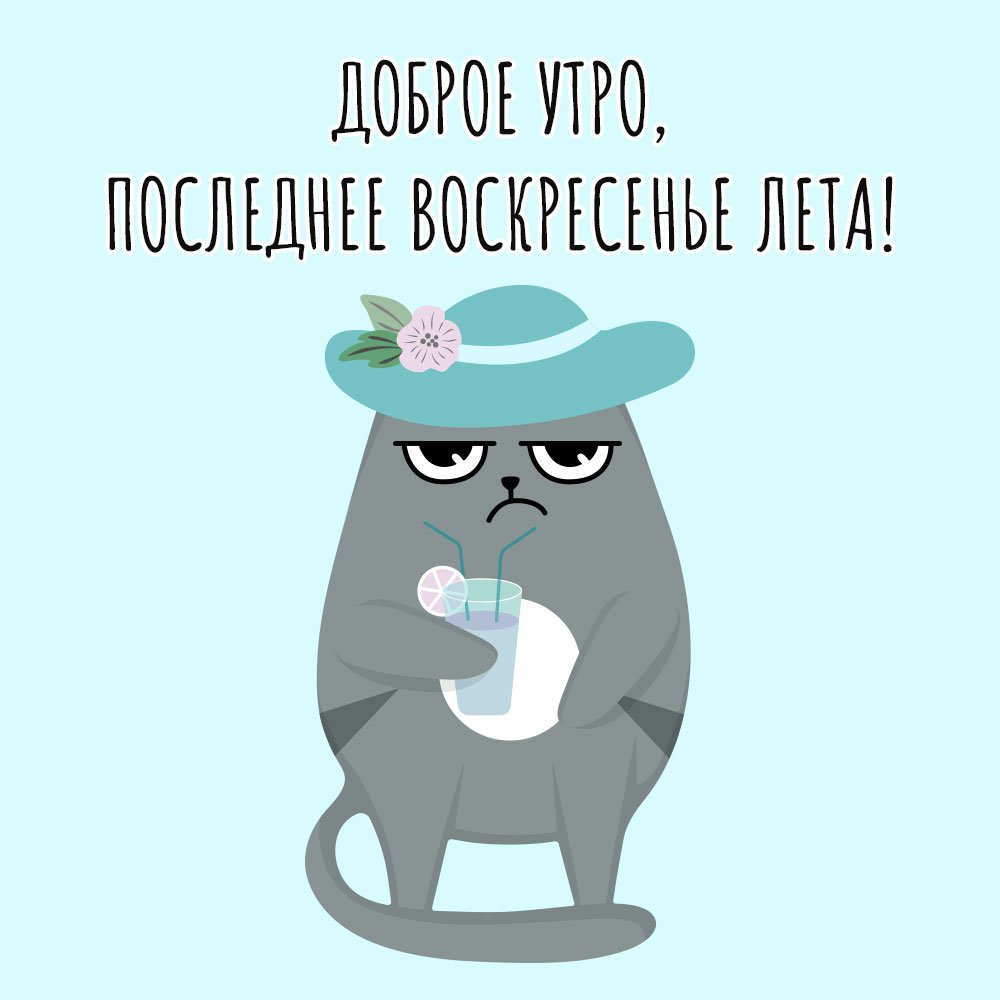 Голубая картинка серый кот в шляпе и надпись доброе утро, последнее воскресенье лета!
