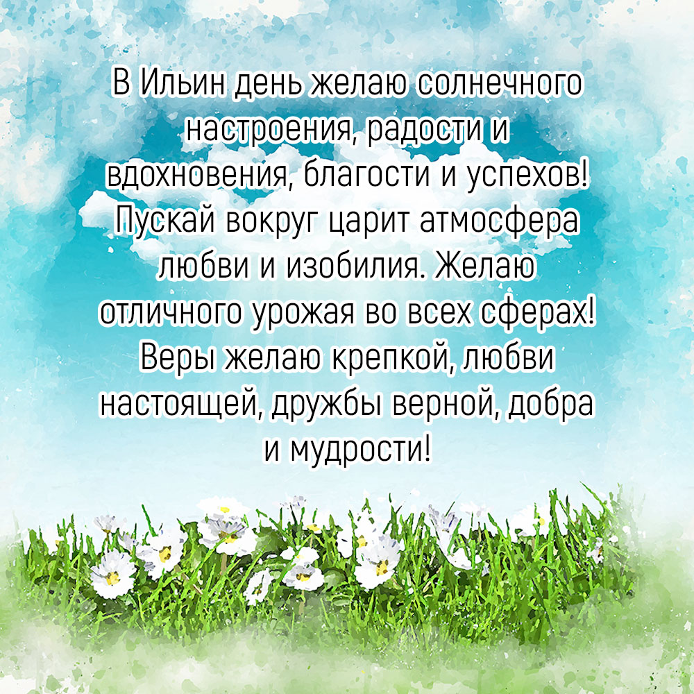 Текст поздравления на праздник святого пророка Ильин день на картинке с голубым небом и зелёной травой с цветами.