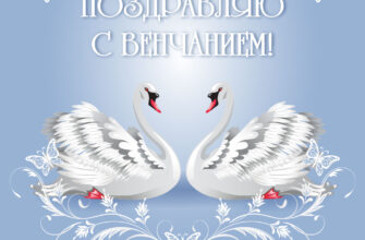 Голубая поздравительная открытка с венчанием с белыми лебедями.