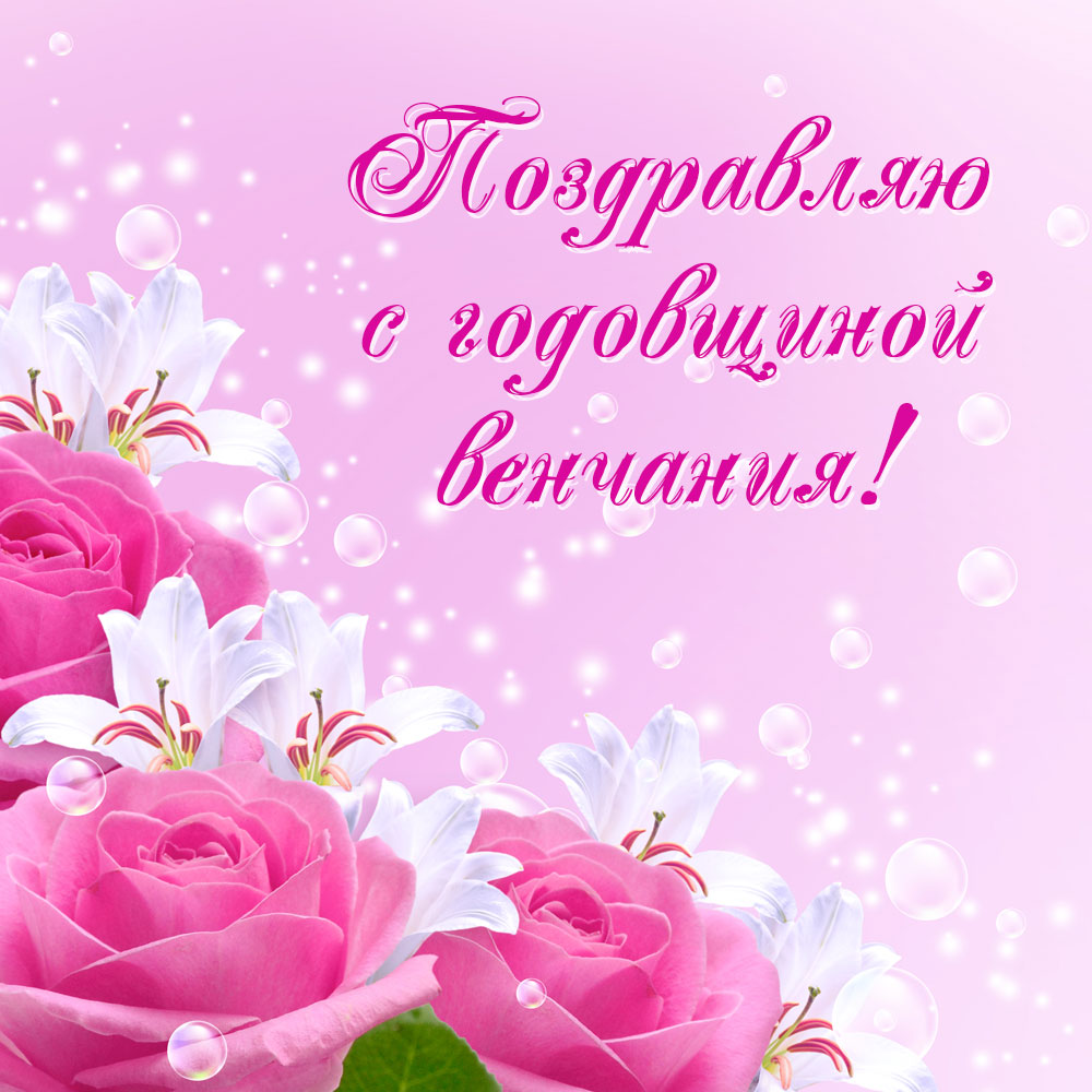 Розовая картинка с надписью поздравляю годовщиной венчания и цветками розы флорибунды.
