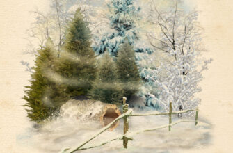 Старинная картинка с добрым зимним утром - пейзаж деревья и ели под снегом.