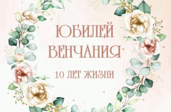 Картинка с текстом юбилей венчания 10 лет жизни в круглом венке из растений и цветов.