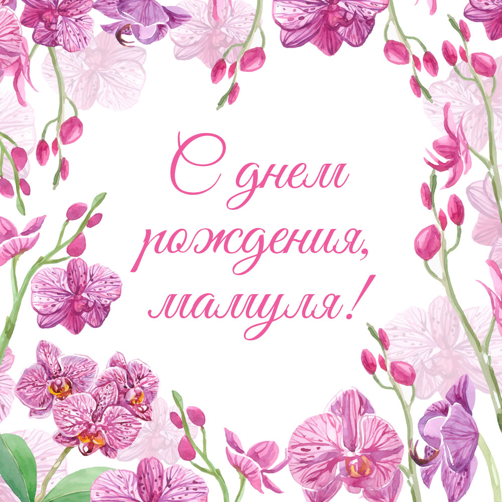 Открытка с текстом днем рождения мамуля и розовыми орхидеями.