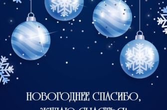Синяя картинка с ёлочными шарами и надписью новогоднее спасибо, желаю счастья!