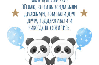 Картинка милые панды с воздушными шарами и текст поздравления с днем рождения для сыновей двойняшек.