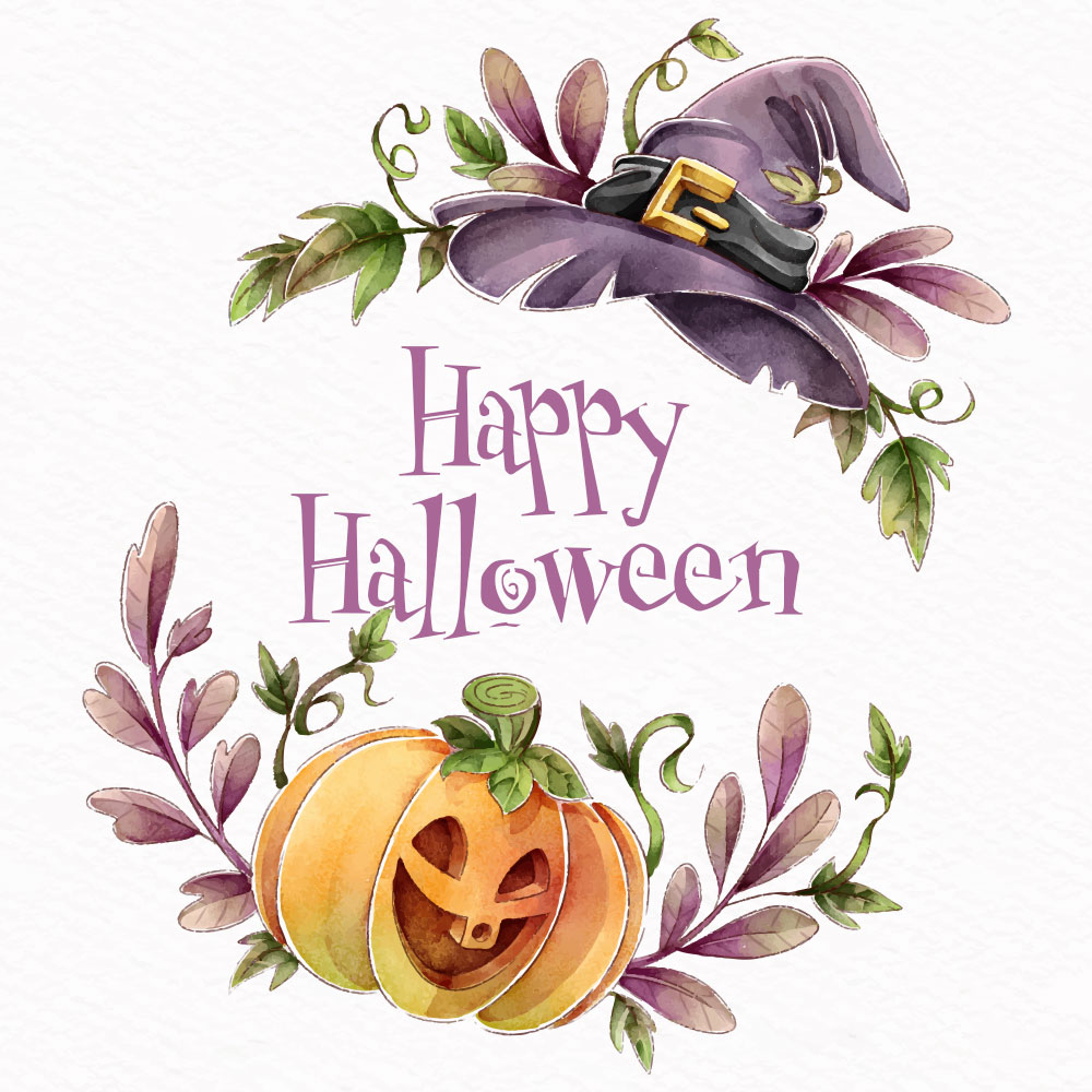 Картинка с надписью happy halloween и смешная тыква со шляпой.