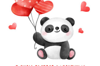 Милая картинка - валентинка с пандой с воздушными шарами сердечками.