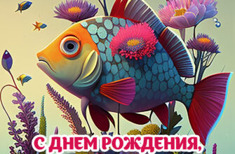 Картинка с надписью с днем рождения, рыбак и рыбой с цветами.
