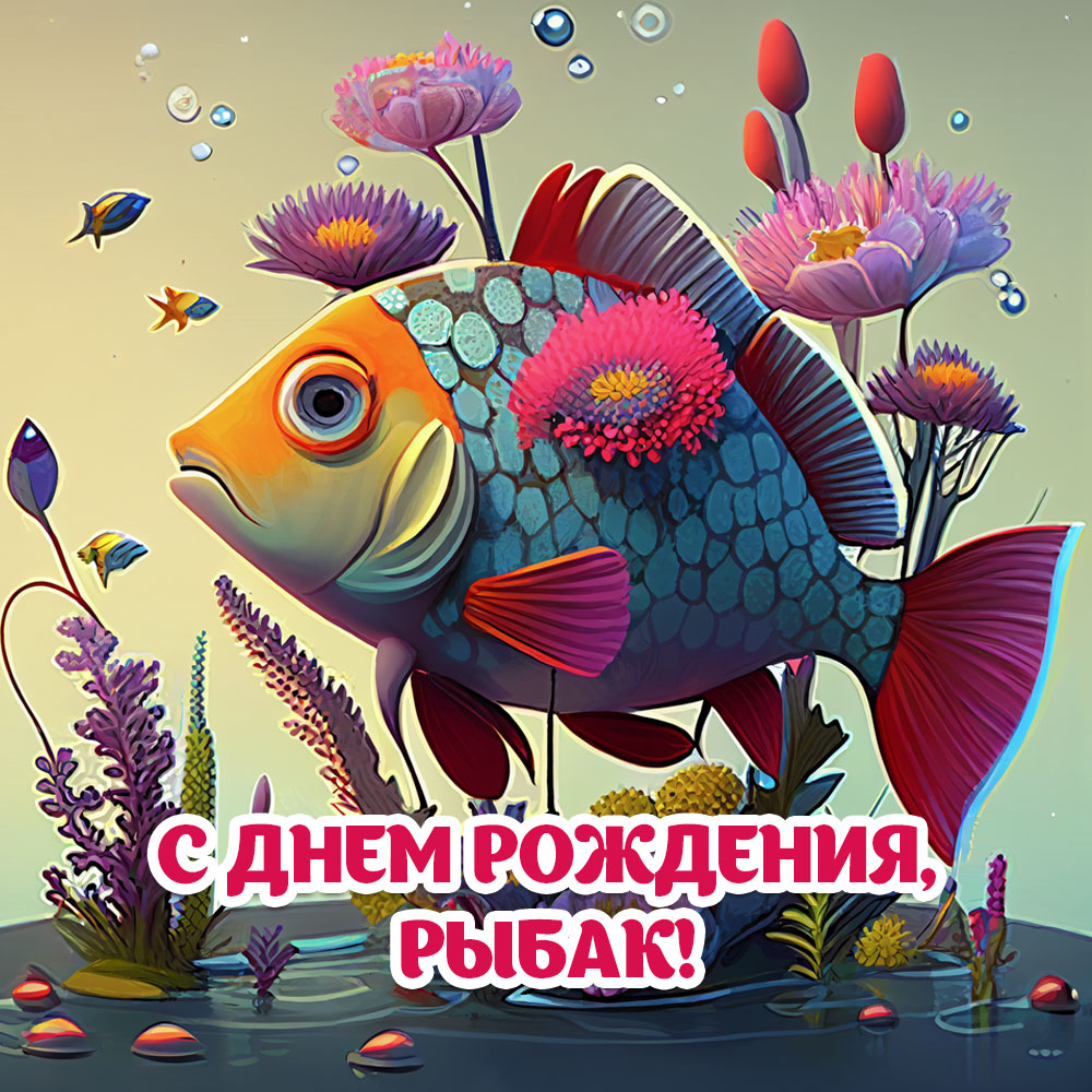 Картинка с надписью с днем рождения, рыбак и рыбой с цветами.
