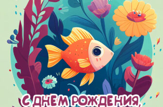 Картинка с рисунком рыбы среди водорослей и текстом с днем рождения, рыболов!